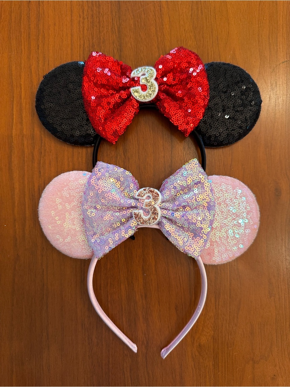 Girls Birthday Sequin Minnie Mouse Ear Headband with Number 3 Bow Pink / Black